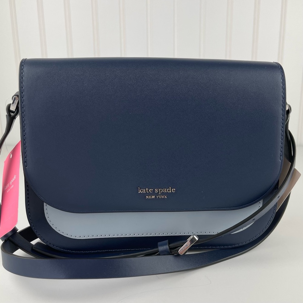 NWT Kate Spade Nadine Colorblock Medium Flap Shoulder Bag Light Blue / Navy